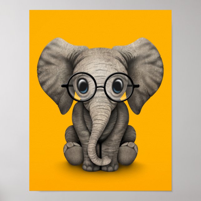 Cute Baby Elephant with Reading Glasses Yellow Poster (Front)