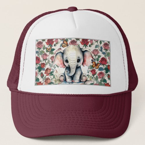 Cute Baby Elephant with Roses and Butterflies Trucker Hat