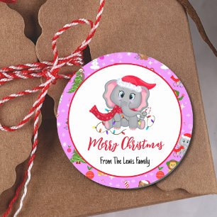 Cute Baby Elephant With Zoo Animals In Pink Classic Round Sticker