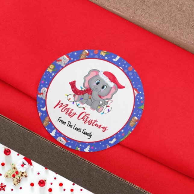 Cute Baby Elephant With Zoo Merry Christmas  Classic Round Sticker (Creator Uploaded)