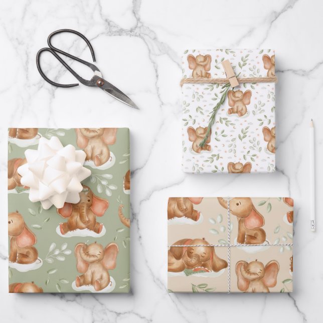 Cute Baby Elephant  Wrapping Paper Sheets (Front)