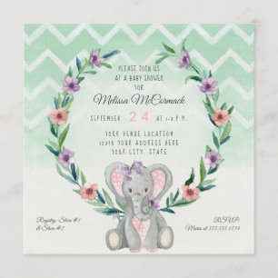 Cute Baby Elephant Wreath Floral Chevron Pattern Invitation