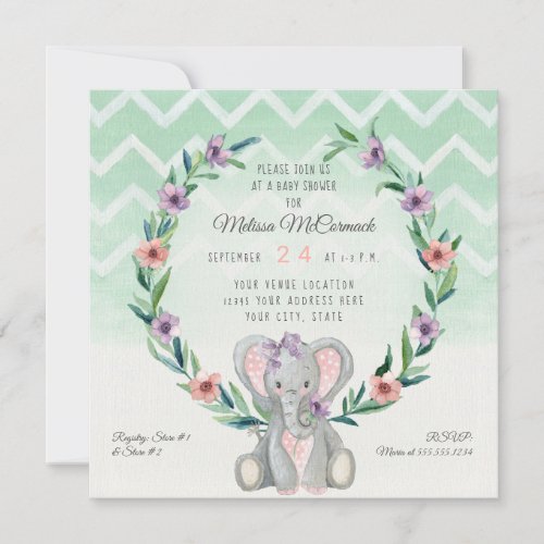Cute Baby Elephant Wreath Floral Chevron Pattern Invitation
