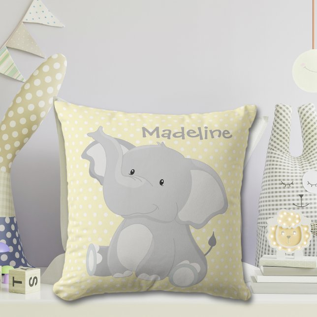 Cute Baby Elephant Yellow Polka-Dot Monogram Throw Pillow (Creator Uploaded)