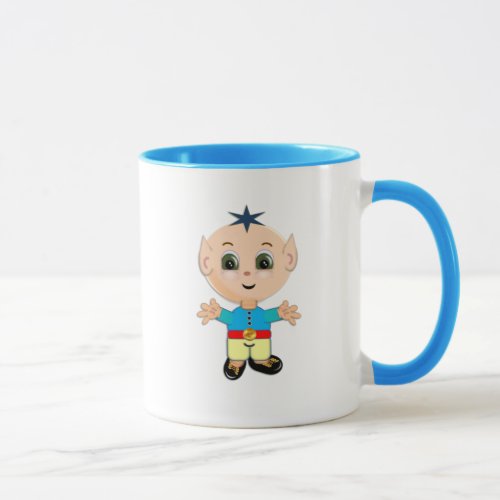 Cute baby elf cartoon in blue and yellow mug