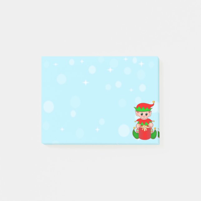 Cute baby elf & light orbs on light blue post-it notes (Front)