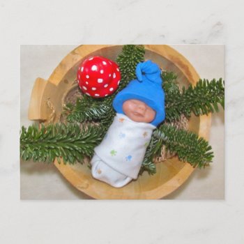 Cute Baby Elf On Pine With Toadstool: Polymer Clay Postcard by joyart at Zazzle