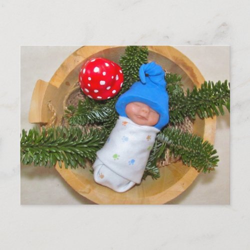 Cute Baby Elf on Pine with Toadstool Polymer Clay Postcard