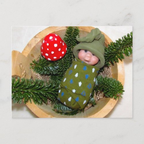 Cute Baby Elf on Pine with Toadstool Polymer Clay Postcard