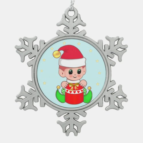 Cute Baby Elf  Stars on Light Blue Snowflake Pewter Christmas Ornament
