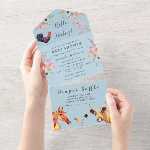 Cute Baby Farm Animal Floral Cow Hen Piglet Horse All In One Invitation