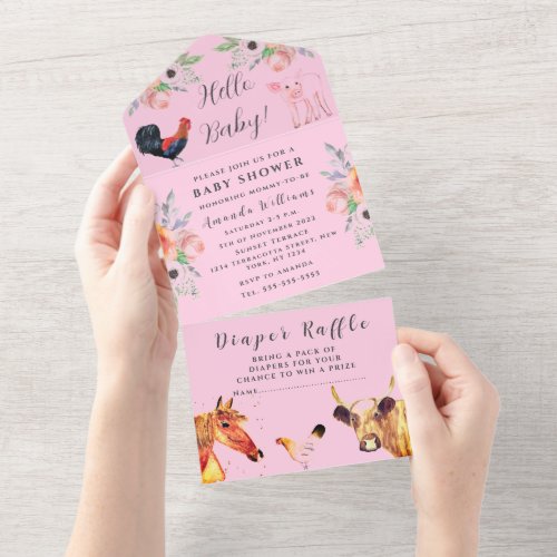 Cute Baby Farm Animal Floral Cow Hen Piglet Horse  All In One Invitation
