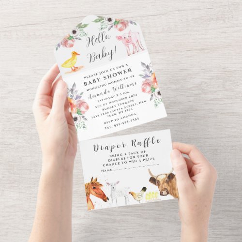 Cute Baby Farm Animal Floral Cow Hen Piglet Horse All In One Invitation