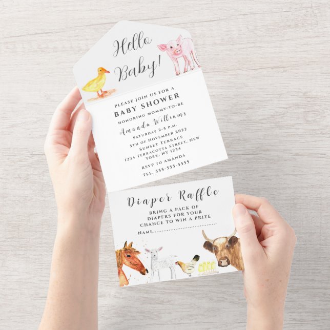 Cute Baby Farm Animal Ranch Cow Hen Pig Horse  All In One Invitation (Tearaway)