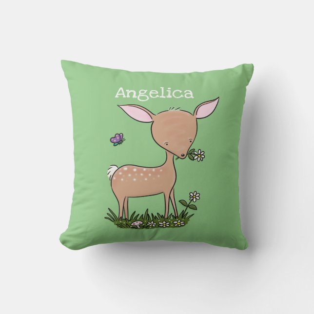 Cute baby fawn cartoon illustration throw pillow (Front)