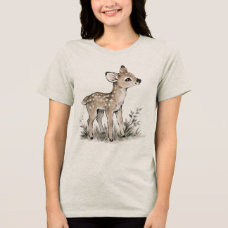 Cute Baby Fawn Deer Illustration Aesthetic Nature Tri-Blend Shirt