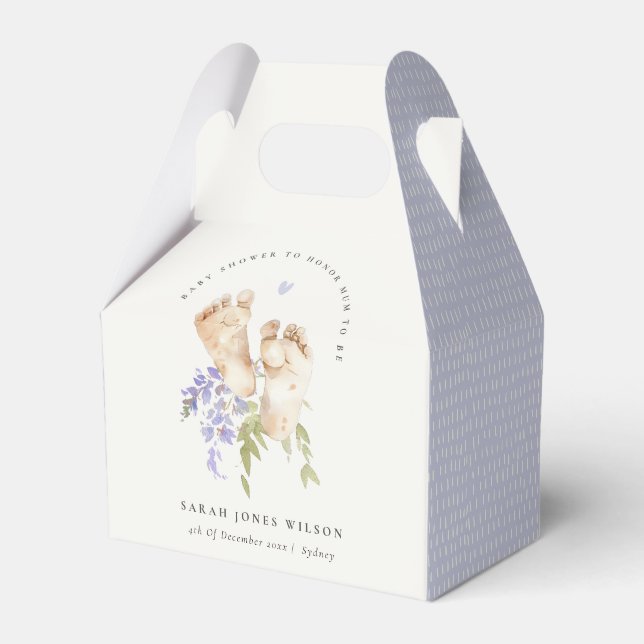 Cute Baby Feet Blue Floral Boy Baby Shower Favor Boxes (Front Side)