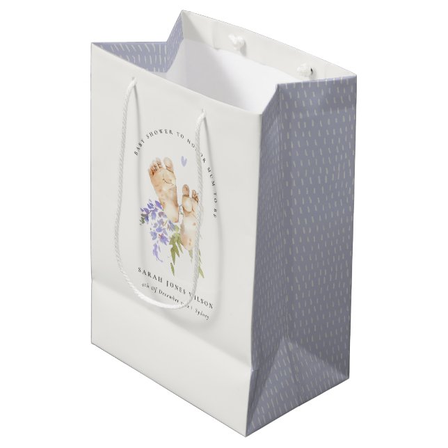 Cute Baby Feet Blue Floral Boy Baby Shower Medium Gift Bag (Front Angled)