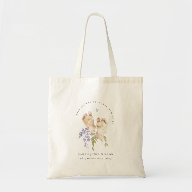 Cute Baby Feet Blue Floral Boy Baby Shower Tote Bag (Front)