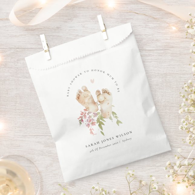 Cute Baby Feet Blush Pink Floral Girl Baby Shower Favor Bag (Clipped)