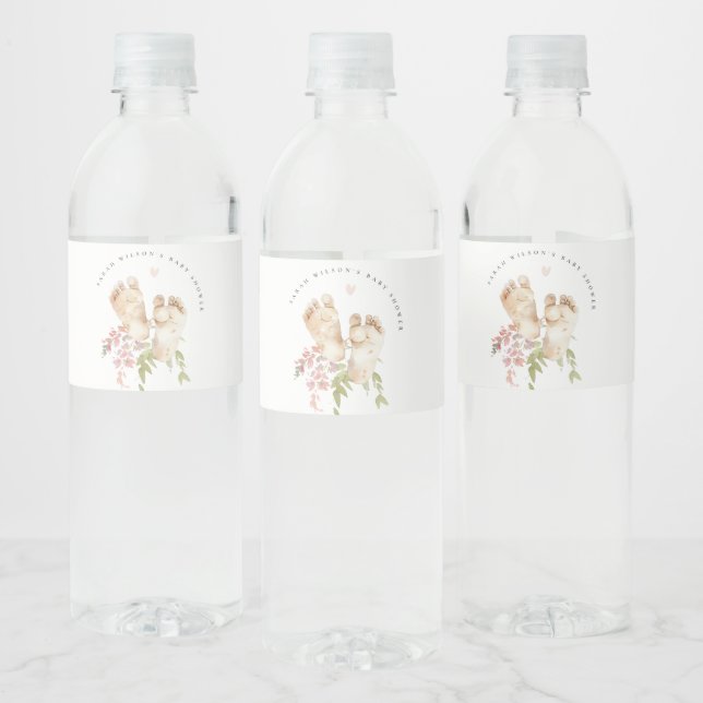 Cute Baby Feet Blush Pink Floral Girl Baby Shower Water Bottle Label (Bottles)