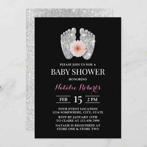 Cute Baby Feet  Daisy Flower Black Baby Shower Invitation