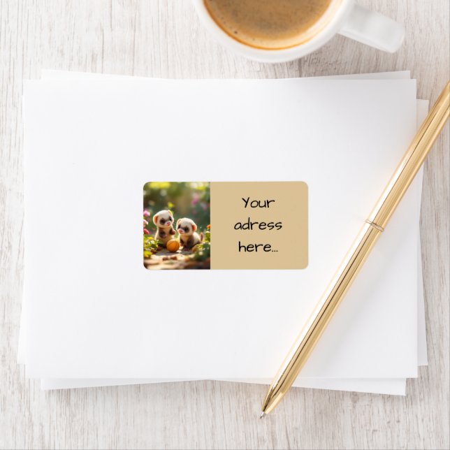 Cute baby ferrets playing with a ball, custom  label (Insitu)