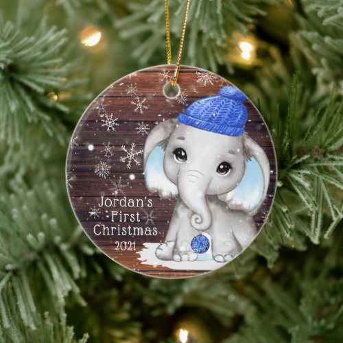 Cute BABY FIRST CHRISTMAS Blue Elephant Wood Snow Ceramic Ornament