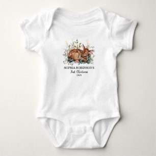 Cute Baby First Christmas Deer Floral Modern Baby Bodysuit