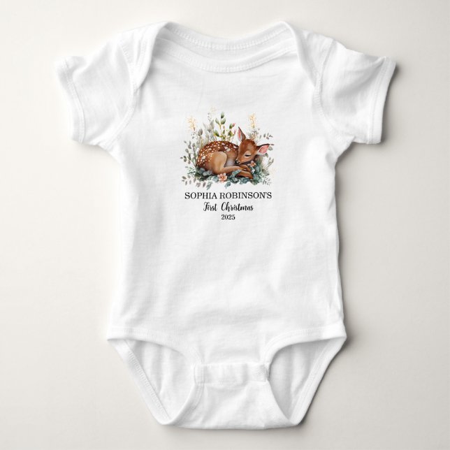 Cute Baby First Christmas Deer Floral Modern Baby Bodysuit (Front)