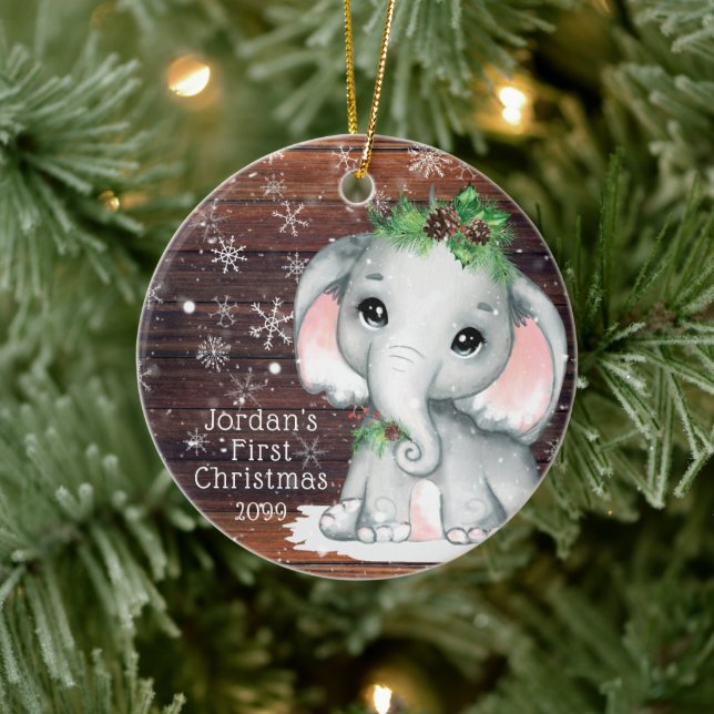 Cute BABY FIRST CHRISTMAS Elephant Wood Snowflake Ceramic Ornament (Tree)