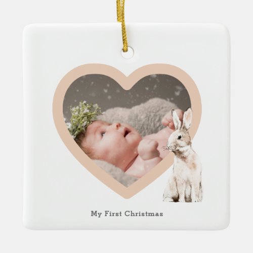 Cute Baby First Christmas Heart Photo Bunny Ceramic Ornament