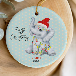 Cute baby first Christmas lights cute elephant Ceramic Ornament