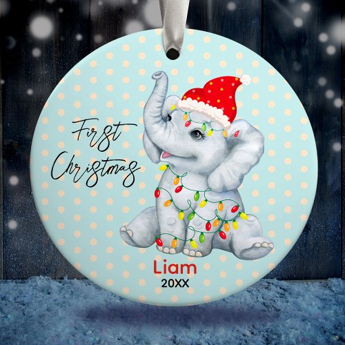 Cute baby first Christmas lights cute elephant  Ceramic Ornament