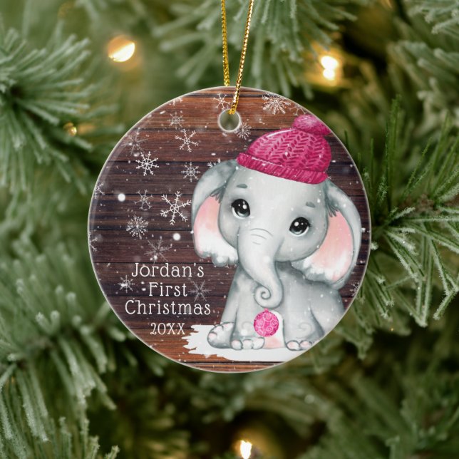 Cute BABY FIRST CHRISTMAS Pink Elephant Wood Snow Ceramic Ornament (Tree)