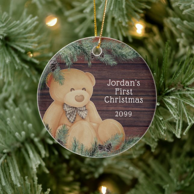 Cute BABY FIRST CHRISTMAS Teddy Bear Wood Pine Ceramic Ornament (Tree)