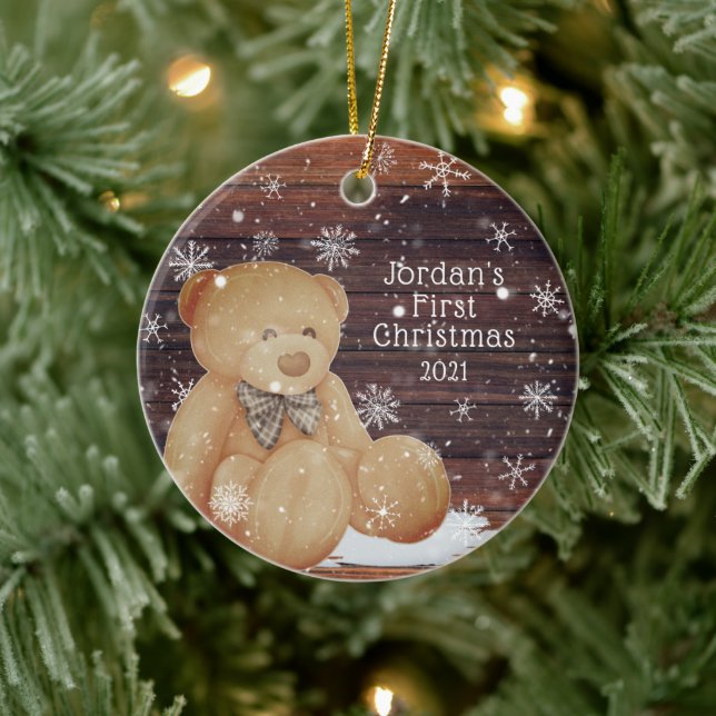 Cute BABY FIRST CHRISTMAS Teddy Bear Wood Snow Ceramic Ornament (Tree)