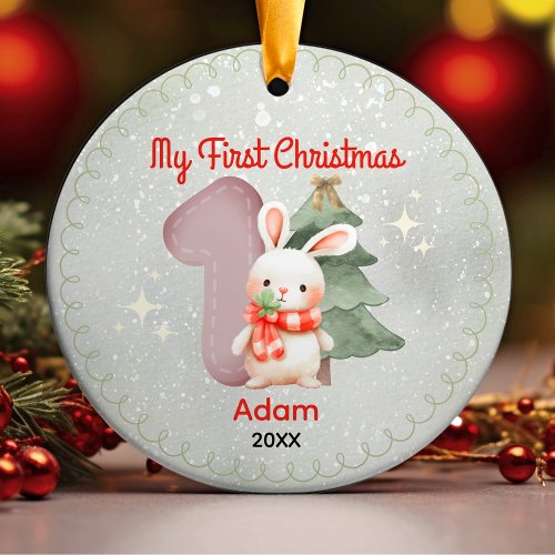 Cute baby first Christmas white rabbit  Ceramic Ornament