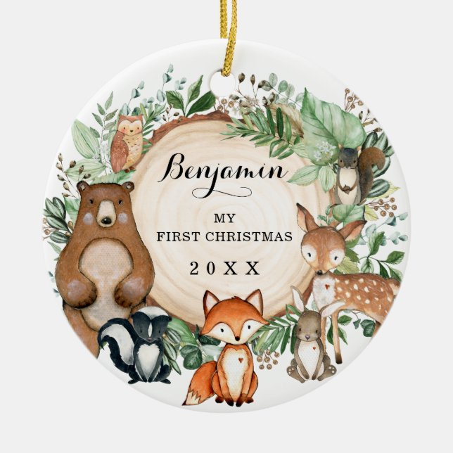Cute Baby First Christmas Woodland Forest Animals Ceramic Ornament (Front)
