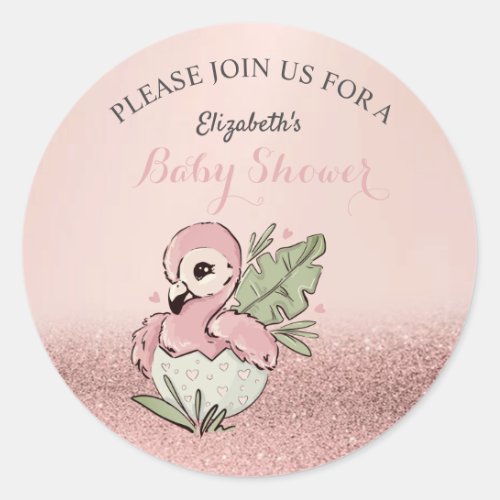 Cute Baby Flamingo Rose Gold Glitter Baby Shower  Classic Round Sticker