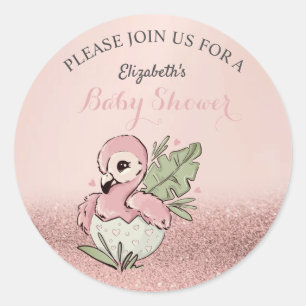 Cute Baby Flamingo Rose Gold Glitter Baby Shower Classic Round Sticker