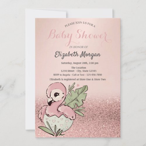 Cute Baby Flamingo Rose Gold Glitter Baby Shower Invitation