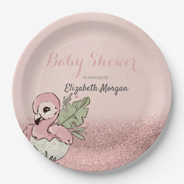 Cute Baby Flamingo Rose Gold Glitter Paper Plates (Front)