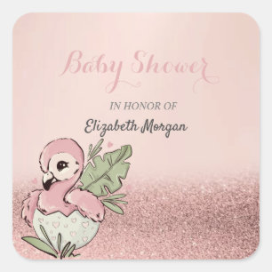 Cute Baby Flamingo Rose Gold Glitter Square Sticker