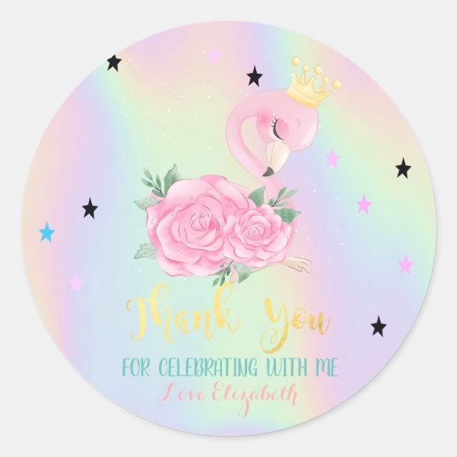 Cute Baby Flamingo, Stars,Holographic Classic Round Sticker (Front)