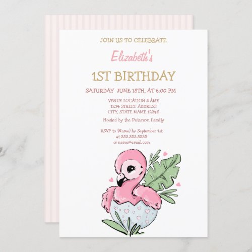 Cute Baby Flamingo Striped Birthday   Invitation