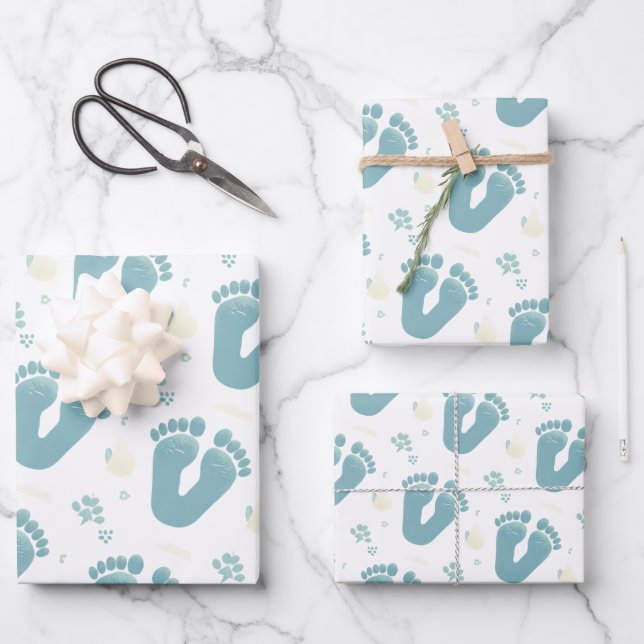 Cute Baby Footprints Blue Boy Theme Wrapping Paper Sheets (Front)