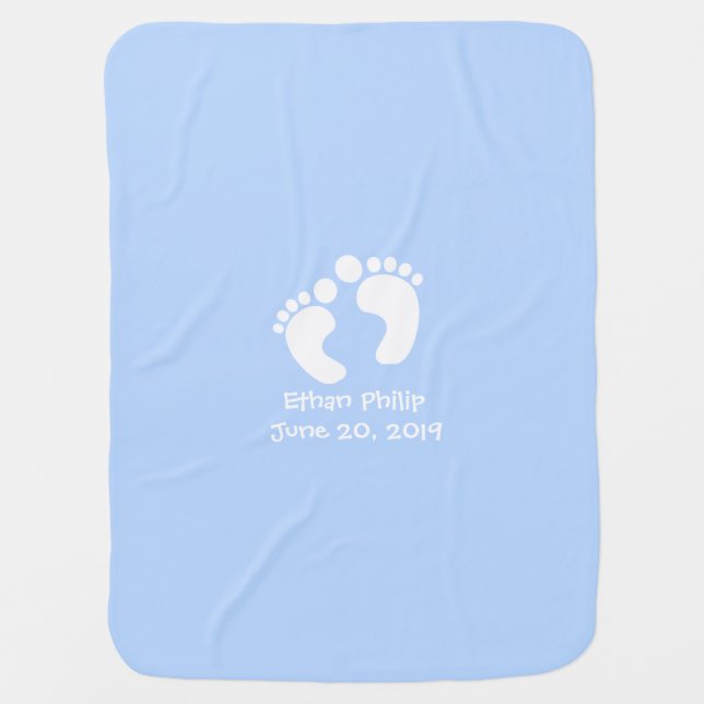 Cute Baby Footprints Personalized Name Birth Date Blanket (Front)