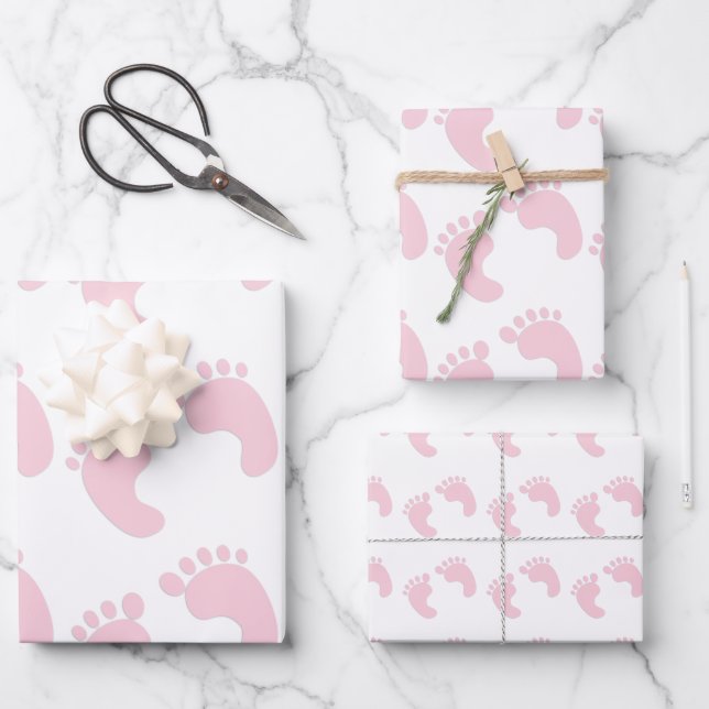Cute Baby Footprints Pink Girl Theme Wrapping Paper Sheets (Front)