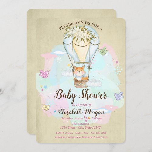 Cute Baby FoxAir Balloon Butterfly Baby Shower Invitation
